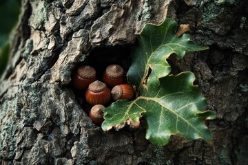 Hazelnuts and a leaf nestle in rough tree bark.