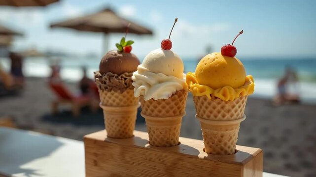 Conos de helado con cereza sobre base de madera en playa tropical