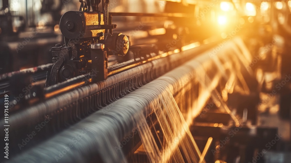 Aufkleber textile weaving machines in a textile mill, producing fabric in an industrial setting, highlighting 
