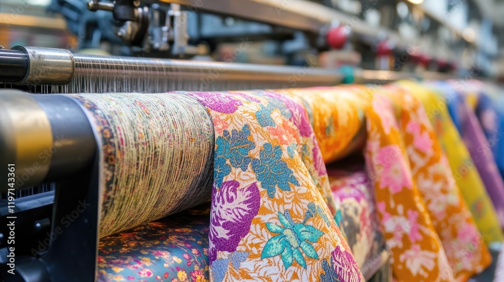 Poster textile weaving machines in a textile mill, producing fabric in an industrial setting, highlighting 