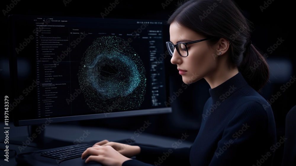 Poster woman wearing glasses focuses on analyzing complex data visualizations on a computer screen in a dim