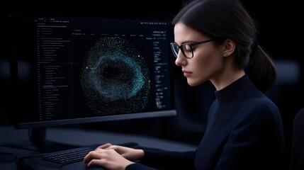 woman wearing glasses focuses on analyzing complex data visualizations on a computer screen in a dimly lit room, showcasing her intense concentration and skill during nighttime