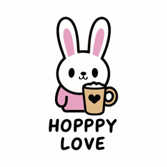 Sticker design of A bunny holding a coffee cup with a lipstick-stained rim, surrounded by tiny hearts