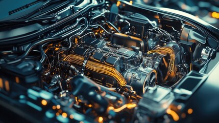 The complex and detailed electric car engine, with visible wiring and advanced components, representing the forefront of automotive technology and electric mobility