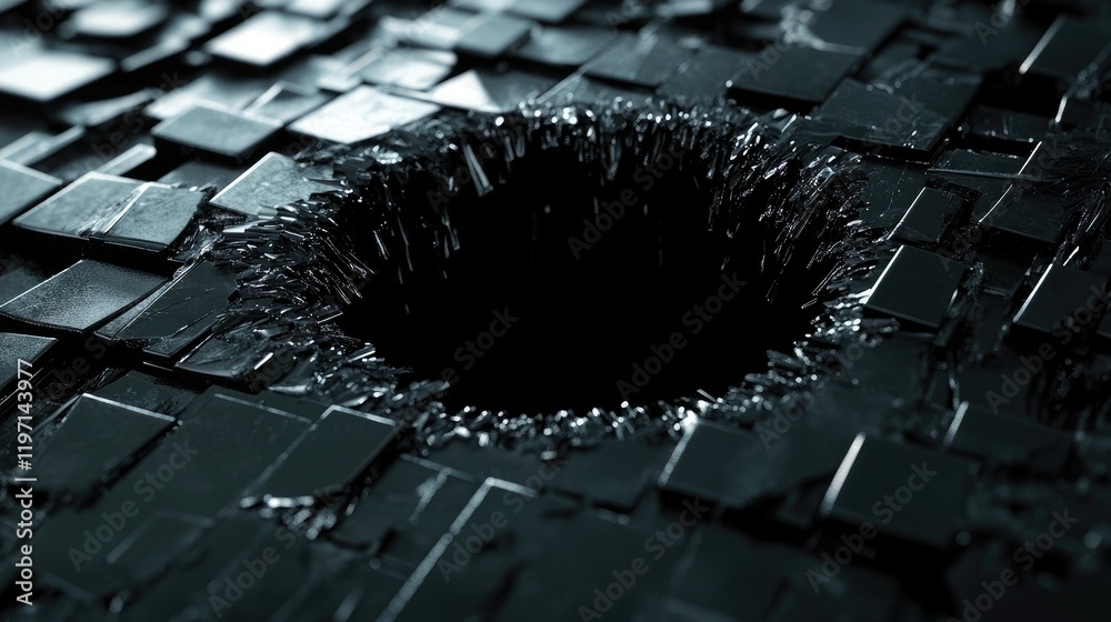 Poster the glossy surface of black ceramic bricks is shattered by a mysterious black hole emerging through,