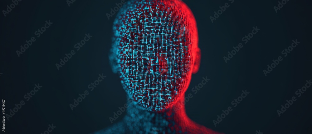 Poster A digital figure with a binary code face, illuminated in blue and red, representing the fusion of technology and identity.