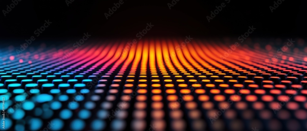 Fototapete A vibrant, abstract image featuring colorful dots that create a wave-like pattern, set against a black background.