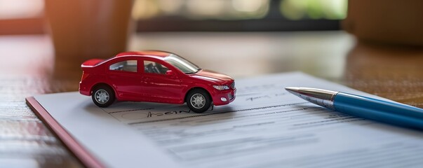 A red toy car is sitting on top of a piece of paper