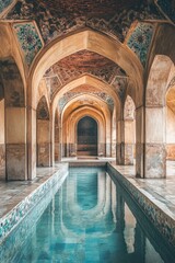 Arched colonnade, pool reflecting the structure's worn grandeur.