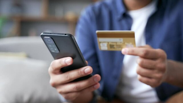 Close up of male hands using phone to make online transaction with credit card sitting on sofa at home. Shopper makes Digital payment, pay bills, spending money on internet, e-commerce, e-shopping
