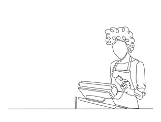 Continuous one line drawing of seller cashier of the strore. Female cashier of supermarket waiting customers illustration. Editable vector.
