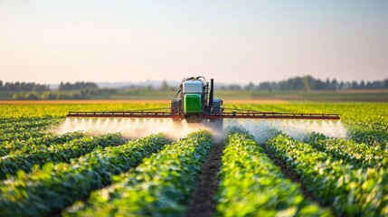 Fototapeta premium Tractor Spraying Crops in Lush Green Field