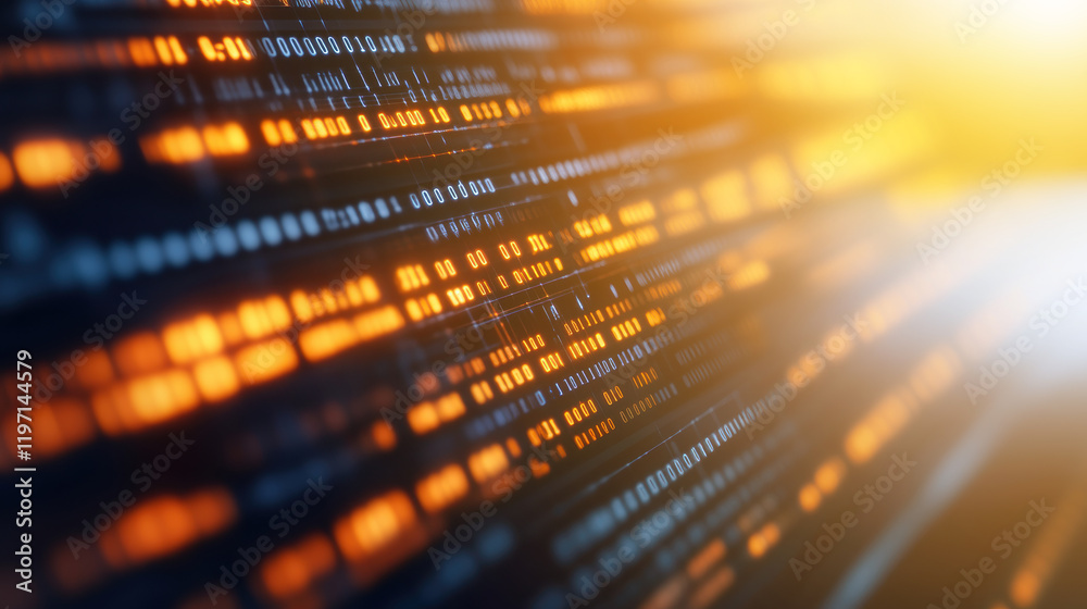 Aufkleber A close-up of illuminated binary code, conveying data flow and digital technology with a warm, glowing background.