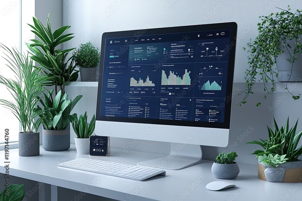 Poster modern workspace with desktop computer displaying data charts and surrounded by indoor plants.