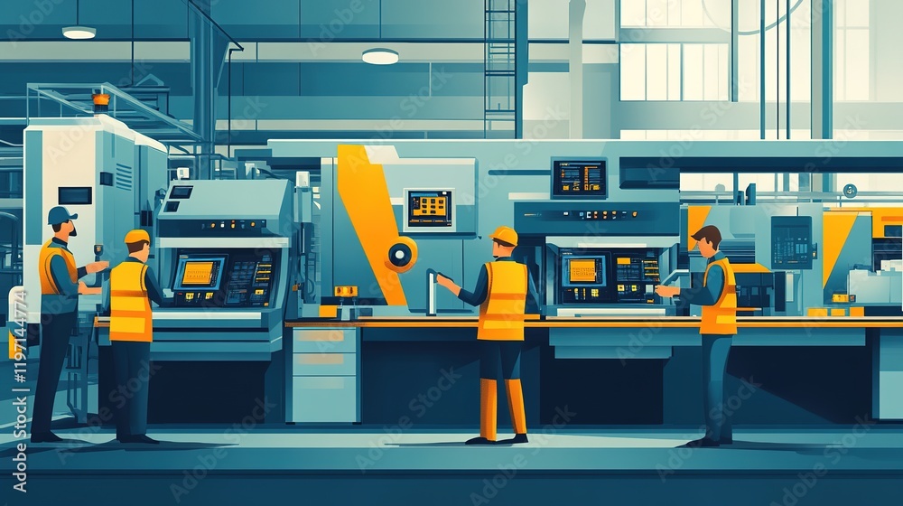 Poster a team of engineers monitoring a factory production efficiency using digital tools.