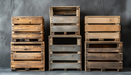 Wooden crates on grey background. Space for text