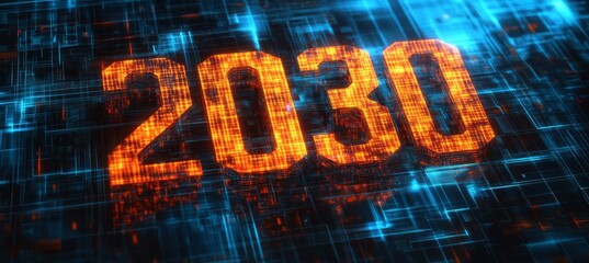 Futuristic Technology. Glowing Digital 3D Orange Number Year 2030 on Abstract Circuit Background.