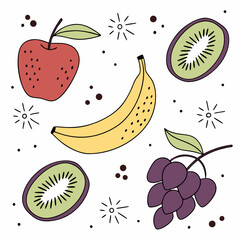 A collection of stylized, brightly colored fruit illustrations is scattered across 
