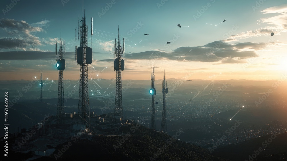 Poster tower network spanning across a wide landscape, with signals radiating from each tower, showcasing t