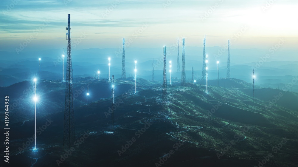 Poster tower network spanning across a wide landscape, with signals radiating from each tower, showcasing t