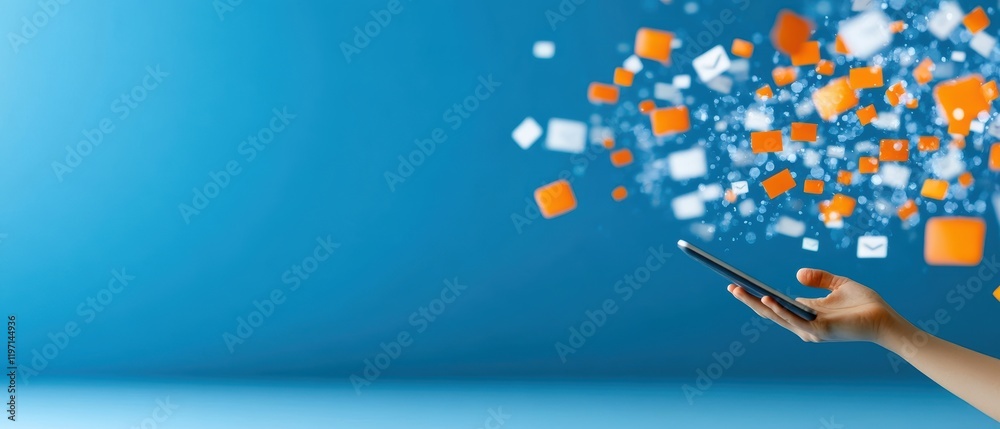 Aufkleber a hand holds a smartphone, with colorful icons and data swirling from the device against a blue back