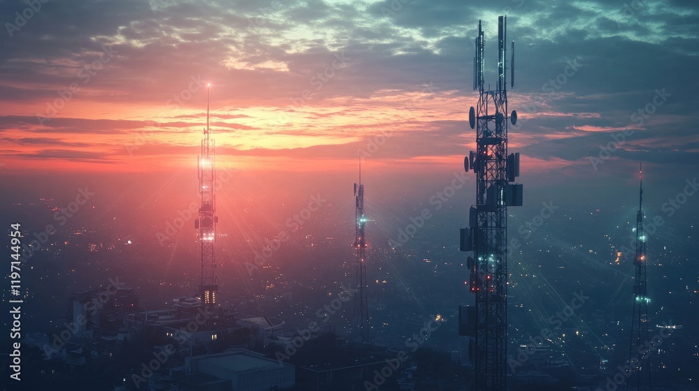 Poster tower network spanning across a wide landscape, with signals radiating from each tower, showcasing t