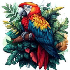 Fototapeta premium Colorful parrot perched on a branch surrounded by vibrant foliage in a tropical setting