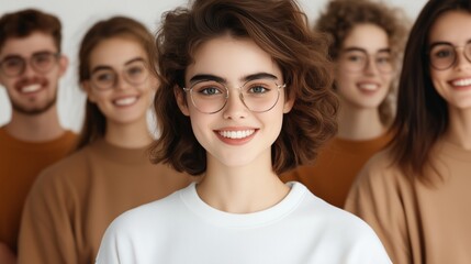 Obraz premium group of six young adults stands together, all wearing casual attire with a neutral color palette. They share joyful expressions, creating a warm and inviting atmosphere