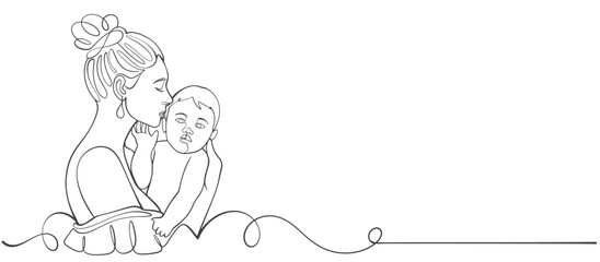 mother and baby line art style vector illustration