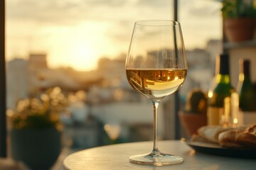 Relaxing evening with white wine overlooking cityscape during sunset
