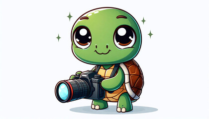Obraz premium Adorable Cartoon Turtle Photographer Snapping Photos with a Friendly Smile