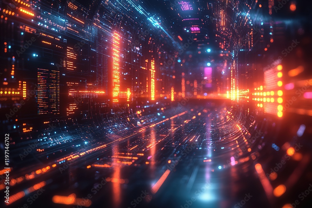 Wall mural abstract digital tunnel with glowing data streams. futuristic technology background.