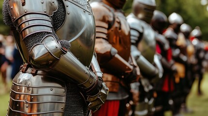 Several armored knights line up for a reenactment event, showcasing detailed suits made of metal and chainmail under a bright day with spectators in the background