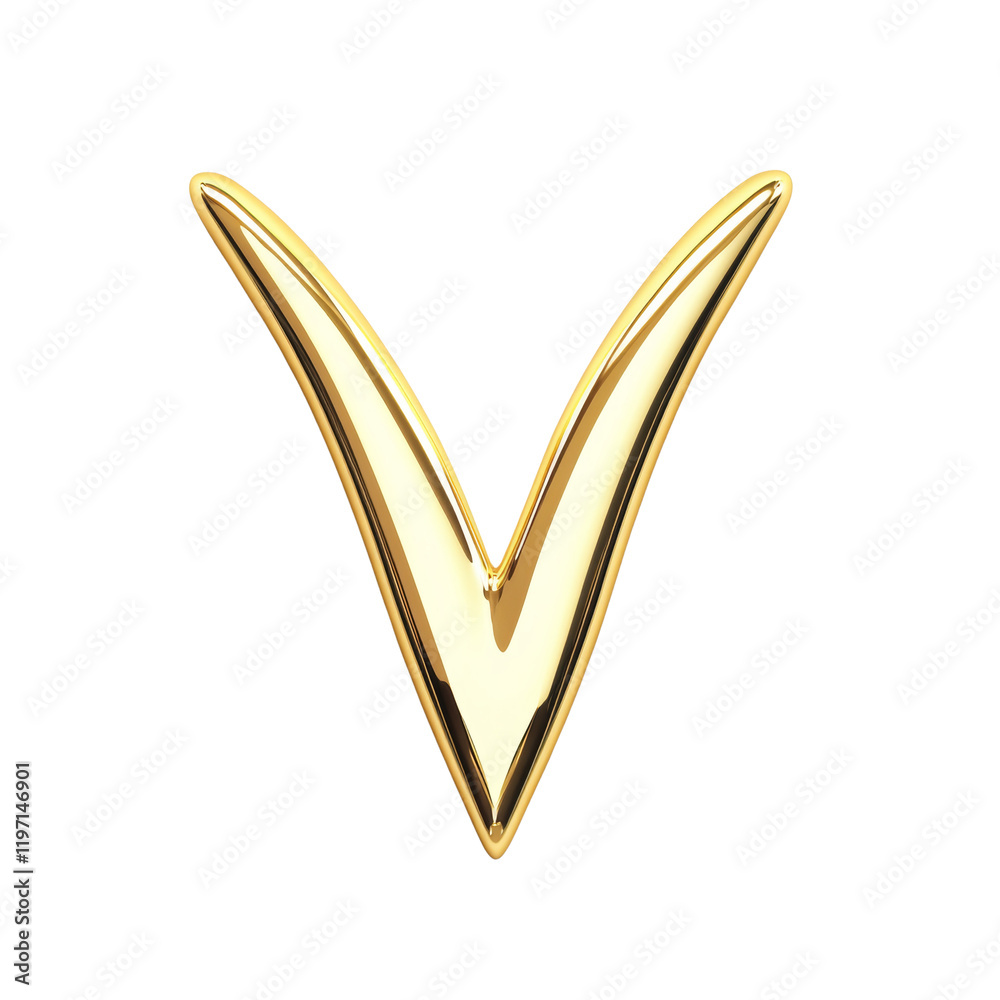 Poster a three dimensional glossy golden v shape against a black background is shown in this image.
