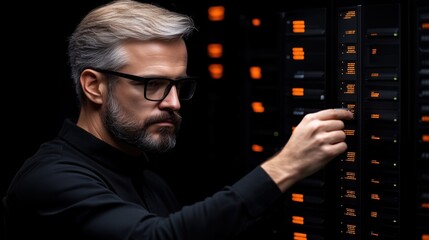 technician inspects and adjusts server hardware in a dark data center. environment is filled with blinking lights from numerous racks of servers. Focus is on maintaining system performance