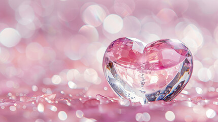 sparkling crystal heart on soft pink background, surrounded by shimmering bokeh lights, evokes feelings of love and romance. Perfect for celebrations and special occasions
