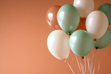 Decorative balloons in soft pastel colors arranged against a warm orange wall for a festive...