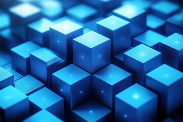 Abstract background of blue cubes.  A 3D rendering of geometric shapes creating a textured pattern.