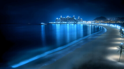 Fototapeta premium Night Beach Coastal Cityscape Illustration