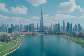 Fototapeta premium Cityscape Aerial Photo: Modern Buildings and Lake