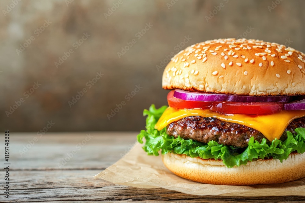 Aufkleber Juicy cheeseburger with fresh ingredients on wooden table in a rustic environment ready for presentation. Generative AI