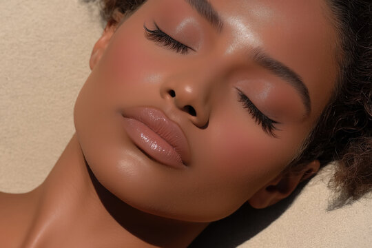 close up of serene brunete woman sunbathing with radiant skin