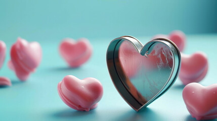 Fototapeta premium heart shaped mirror surrounded by pink macarons on blue background creates romantic and playful atmosphere. Perfect for celebrations or sweet moments