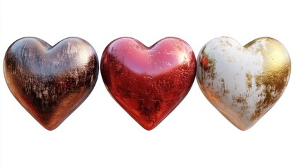 Fototapeta premium Three hearts are shown in a row, with one being gold, one being red