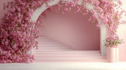 Pink Dreamland: A whimsical scene of a pink staircase leading to an archway adorned with blossoming cherry branches, creating a romantic and dreamy atmosphere.  