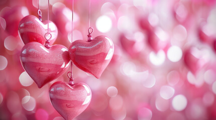 Fototapeta premium Hanging pink hearts create romantic atmosphere with soft bokeh background. Perfect for expressing love and affection in various celebrations