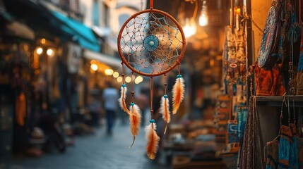 Dreamcatcher market stall, city street, evening