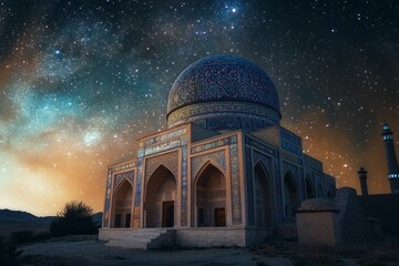 Naklejka premium Ornate building under starry night sky, desert landscape.