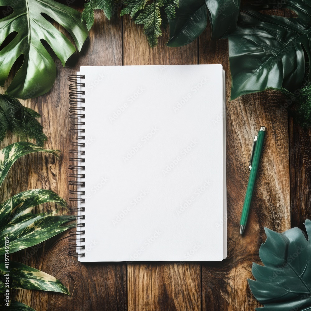 Poster blank notebook and pen on wooden table surrounded by lush green leaves suitable for creative writing
