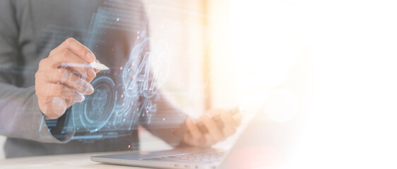 businessman using Ai technology in business by artificial intelligence,  smart robot AI, Futuristic technology transformation, using AI technology for developing running business on cloud computing 